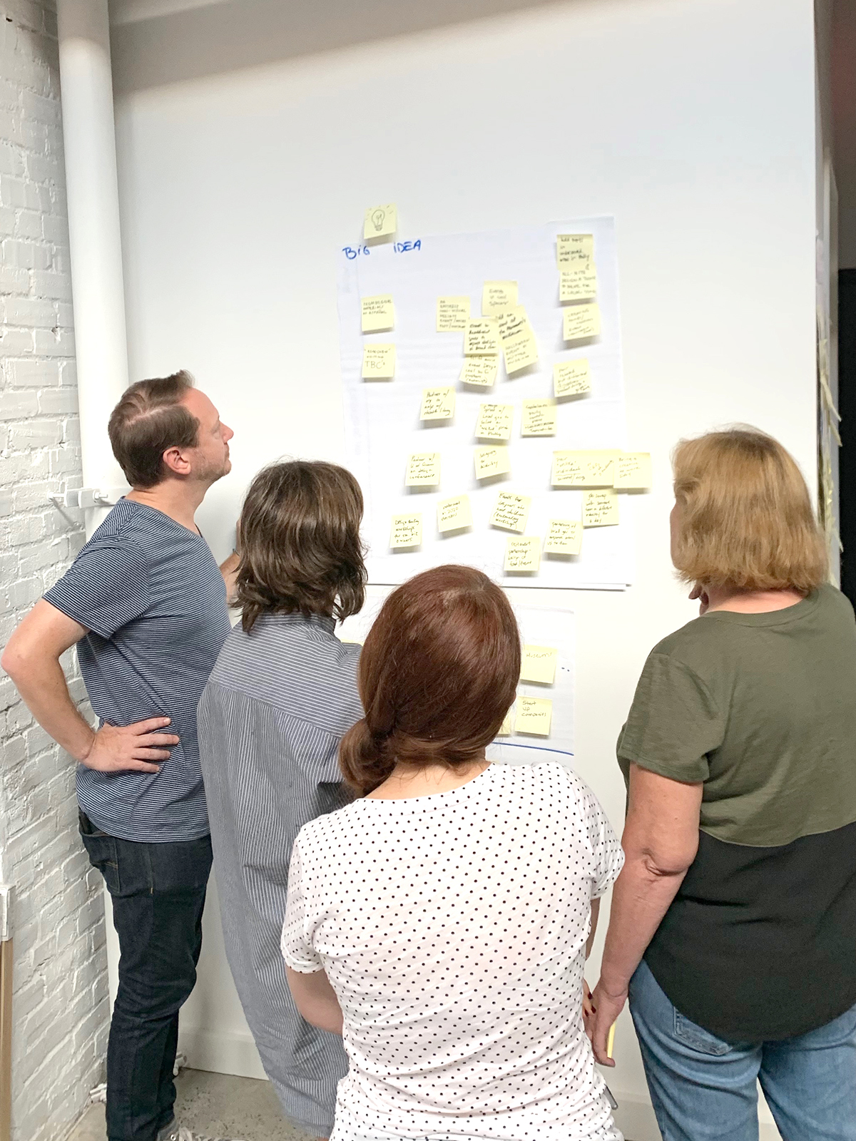 Four people in front of a board covered with post-it notes