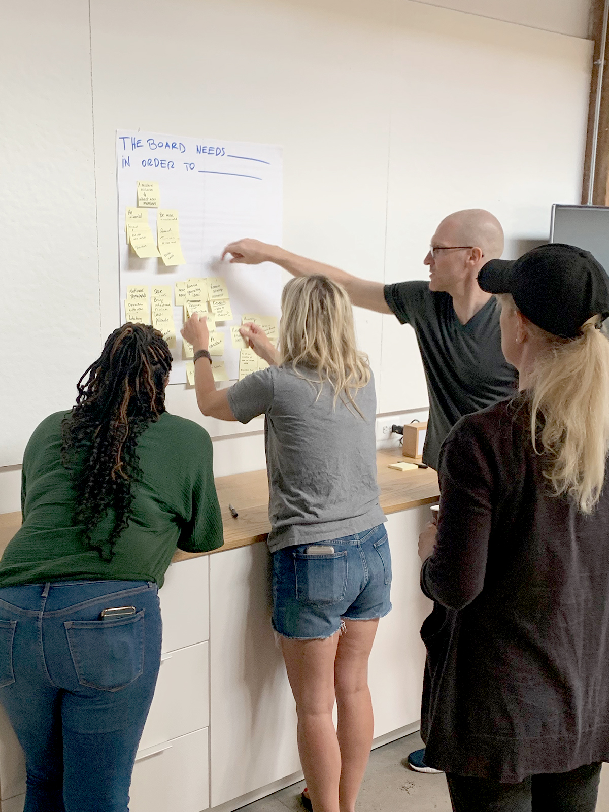 Group of four people in front of a board covered with post-it notes