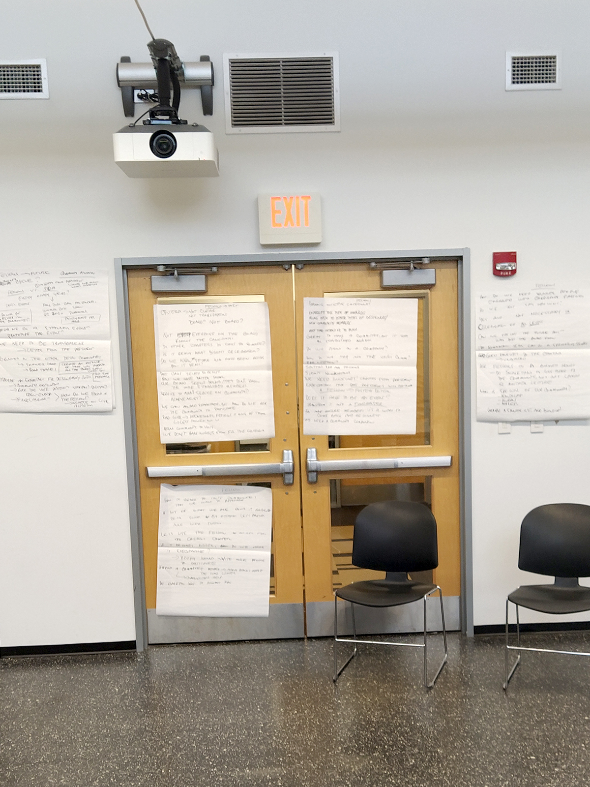 Four large sheets of paper with writing are attached to a wall