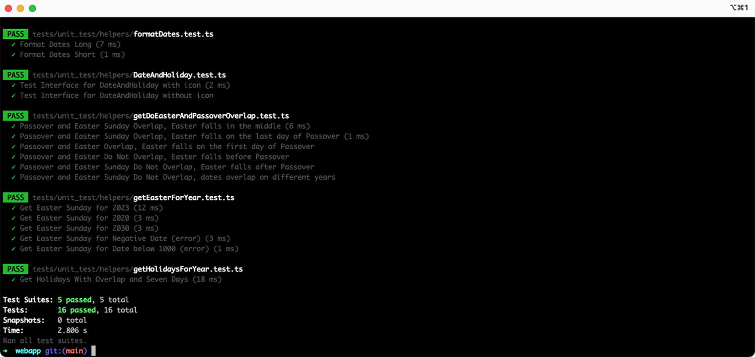 Screen grab of a terminal showing passing tests